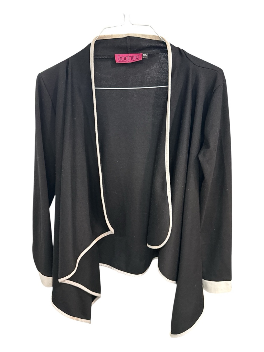Boohoo Black Open Front Waterfall Cardigan with Contrast Trim size 8 - Picture 3 of 5